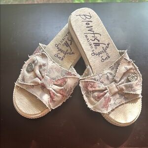Blowfish Cream Slide Sandals with Bow Design